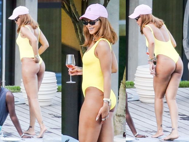 Rihanna wypina pupę w żółtym kostiumie kąpielowym. Seksowna? (ZDJĘCIA)