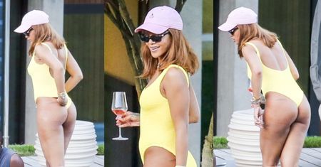 Rihanna wypina pupę w żółtym kostiumie kąpielowym. Seksowna? (ZDJĘCIA)