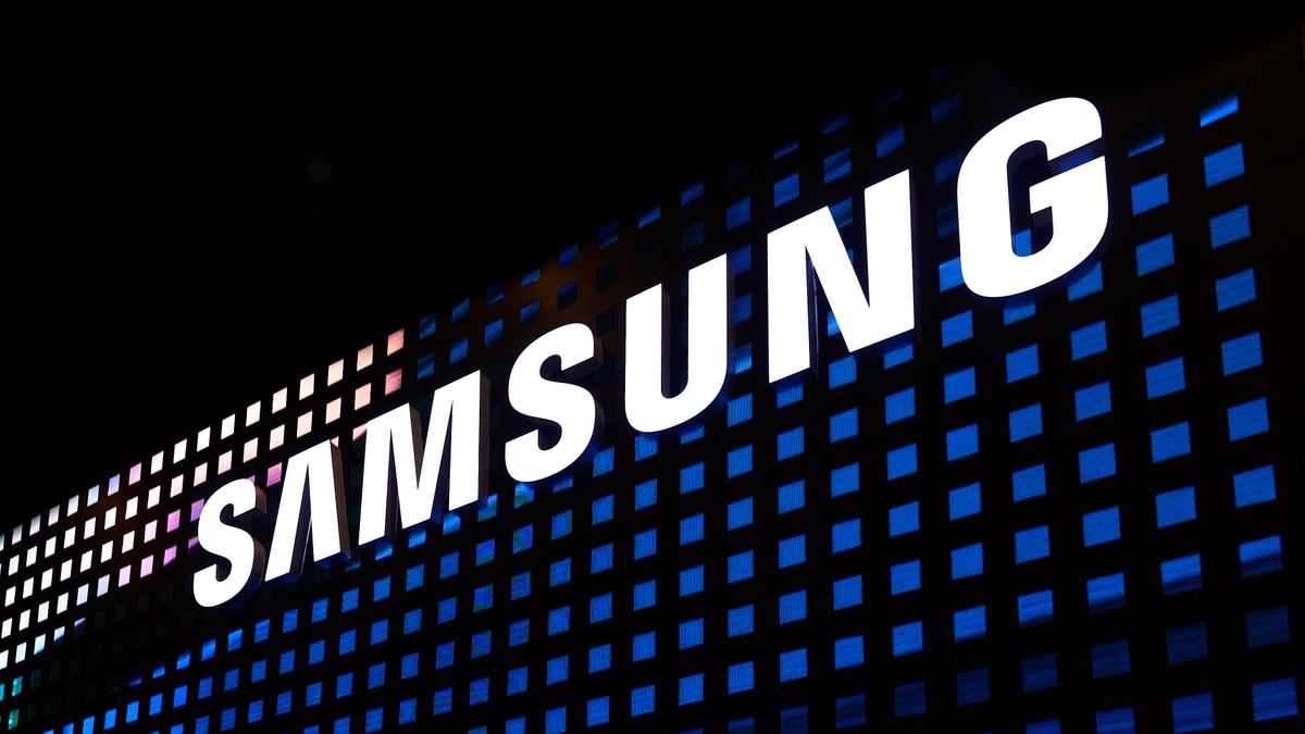 The Samsung logo is being displayed on their pavilion at the Mobile World Congress in Barcelona, Spain, on February 28, 2024. (Photo by Joan Cros/NurPhoto via Getty Images)