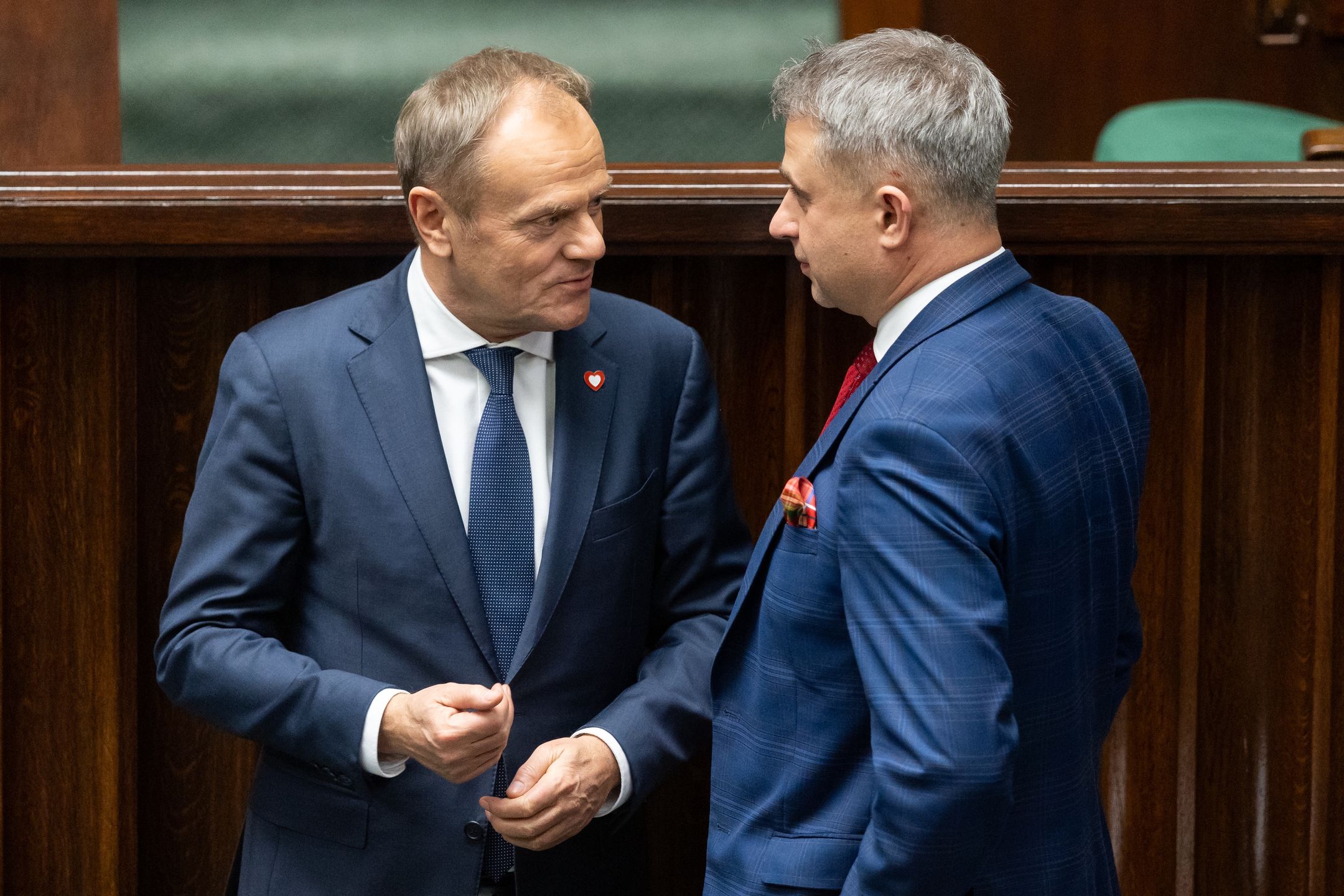 Donald Tusk and Krzysztof Gawkowski are participating in the parliamentary debate on the appointment of Donald Tusk's government in Warsaw, Poland, on December 12, 2023. (Photo by Foto Olimpik/NurPhoto via Getty Images)