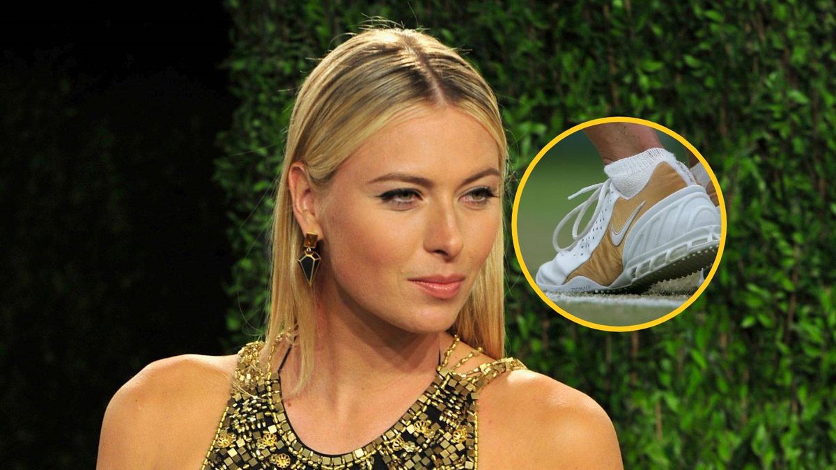 Na zdjęciu: Maria Szarapowa, na małym zdjęciu: buty ze zdobieniami ze złota, w których grała w Wimbledonie w 2005 r.