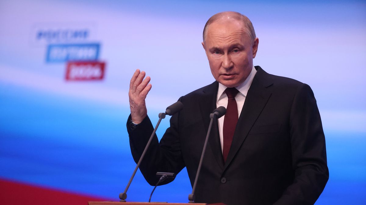 MOSCOW, RUSSIA - MARCH 18 (RUSSIA OUT) Russian President Vladimir Putin speaks during his press conference at his campaign headquarters, early March,18,2024, in Moscow, Russia. Russian President Vladimir Putin has won the 2024 Presidential Elections, hosted on March 15-17. (Photo by Contributor/Getty Images)