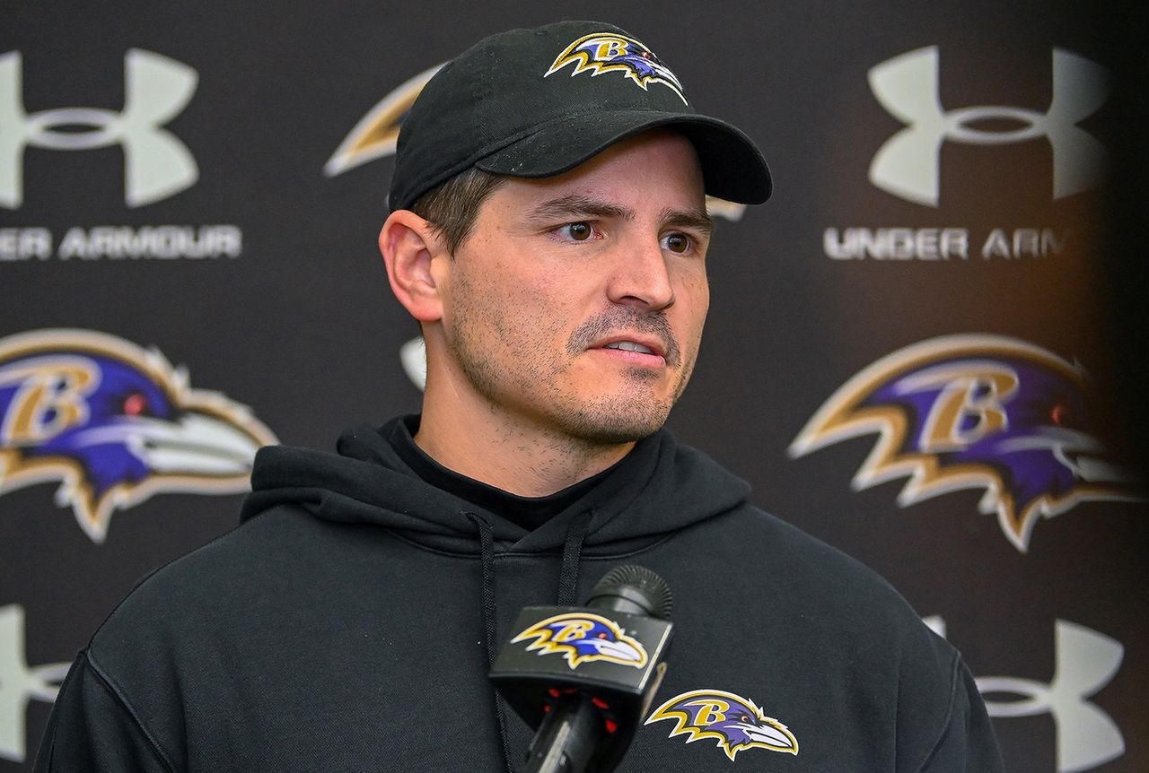 Baltimore Ravens defensive coordinator Mike MacDonald talks with the media after practice at Under Armour Performance Center. (Kevin Richardson/Baltimore Sun/Tribune News Service via Getty Images)