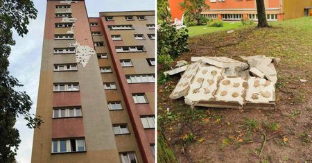Niebezpieczny incydent na Kalinowszczyźnie. W wyniku silnego wiatru od bloku oderwały się fragmenty elewacji [ZDJĘCIA]