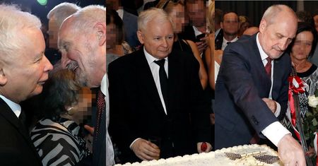 Jarosław Kaczyński nadzoruje krojenie tortu na 70. urodzinach Macierewicza (ZDJĘCIA)