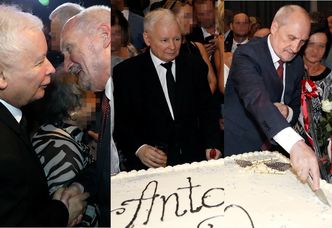 Jarosław Kaczyński nadzoruje krojenie tortu na 70. urodzinach Macierewicza (ZDJĘCIA)