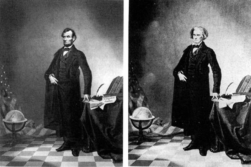 Znany, wręcz kultowy portret Prezydenta USA Abrahama Lincolna został złożony z dwóch zdjęć – główy Lincolna oraz ciała jego politycznego przeciwnika Johna Calhoun.
