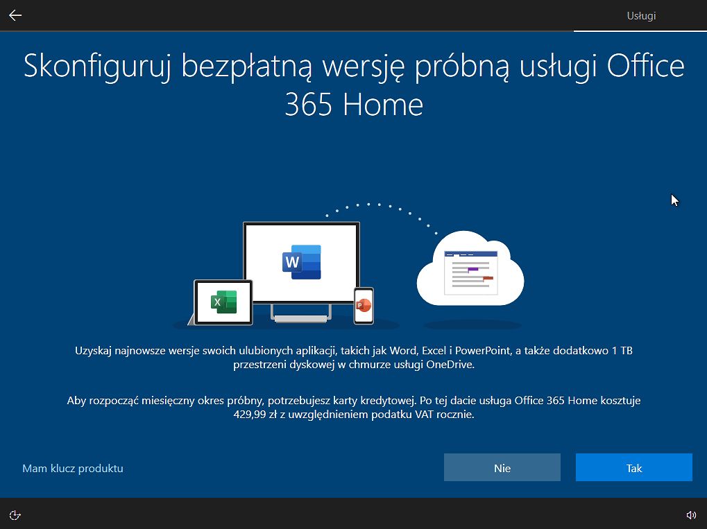 Pierwsza zachęta do korzystania z Office'a pojawia się już podczas instalacji Windowsa 10.