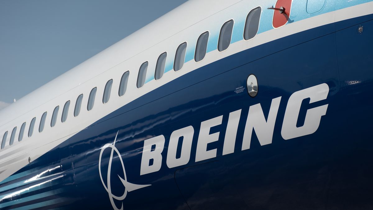 FARNBOROUGH, ENGLAND - JULY 18: The Boeing logo is seen on the side of a Boeing 737 MAX during the Farnborough International Airshow 2022 on July 18, 2022 in Farnborough, England. Farnborough International Airshow 2022 will host leading innovators from the aerospace, aviation and defence industries. (Photo by John Keeble/Getty Images)