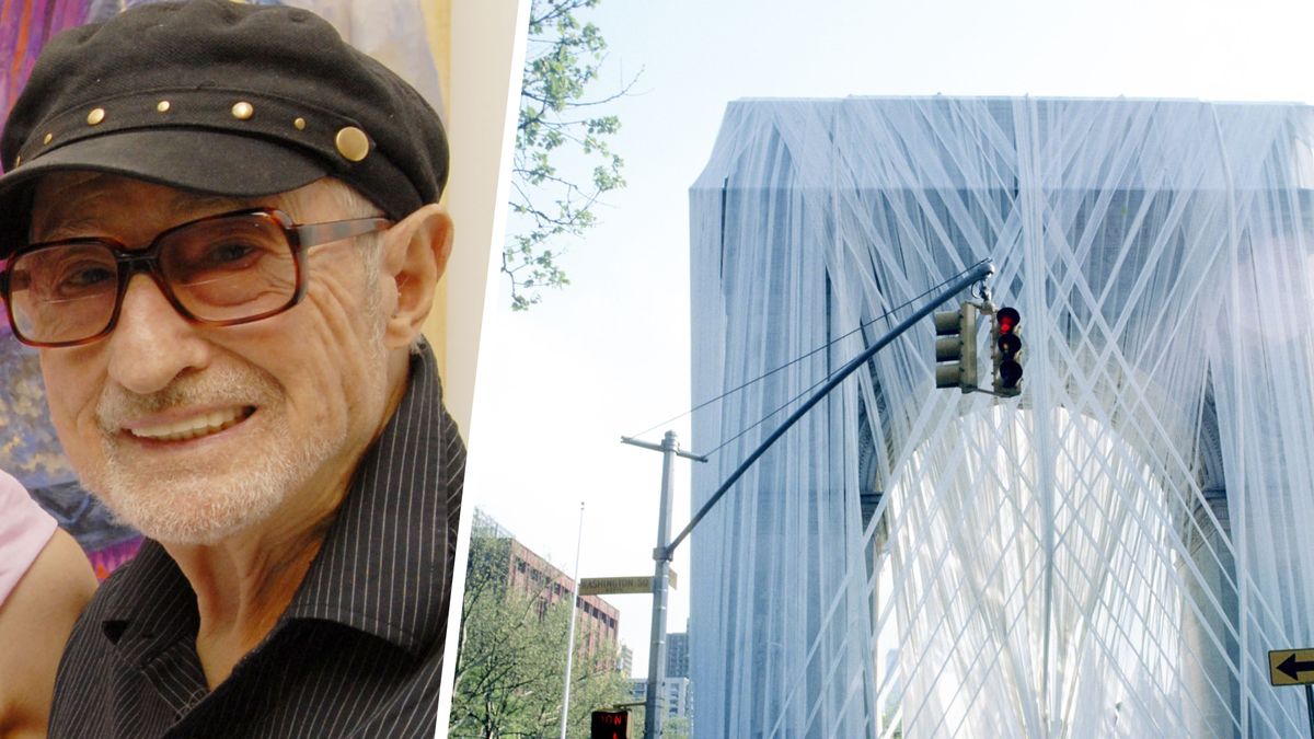 Francis Hines oraz jego jedna ze słynnych prac — owinięty w tkaninę Washington Square Arch