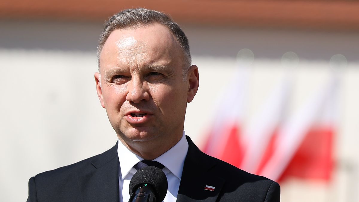 In Krakow, Poland, on April 13, 2025, Andrzej Duda, President of Poland, speaks after laying a wreath in front of the Katyn Cross at Father Adam Studzinski Square on the Day of Remembrance of the Victims of the Katyn Massacre. (Photo by Klaudia Radecka/NurPhoto via Getty Images)