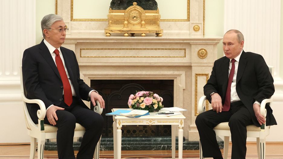 MOSCOW, RUSSIA – MAY 16, 2022: Kazakhstan's President Kassym-Jomart Tokayev (L) and Russia's President Vladimir Putin talk during a meeting in the Kremlin on the sidelines of a summit meeting of the leaders of CSTO member states. The summit marks the 30th anniversary of signing the Collective Secutiry Treaty and the 20th anniversary of the establishment of the CSTO as a military alliance. Anton Novoderezhkin/TASS
