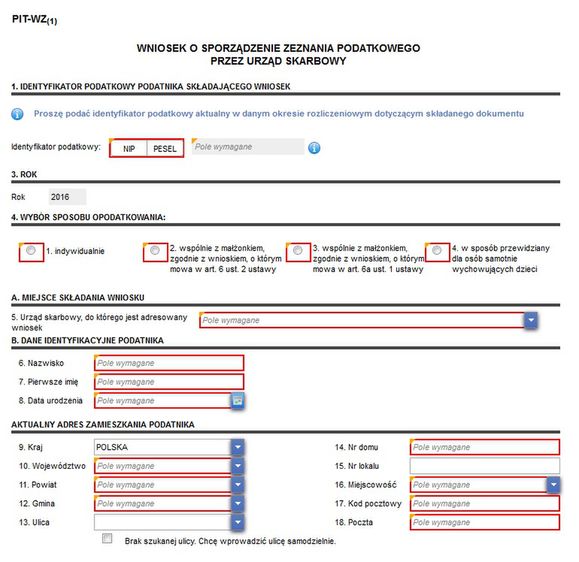 Fragment wniosku PIT-WZ na Portalu Podatkowym 