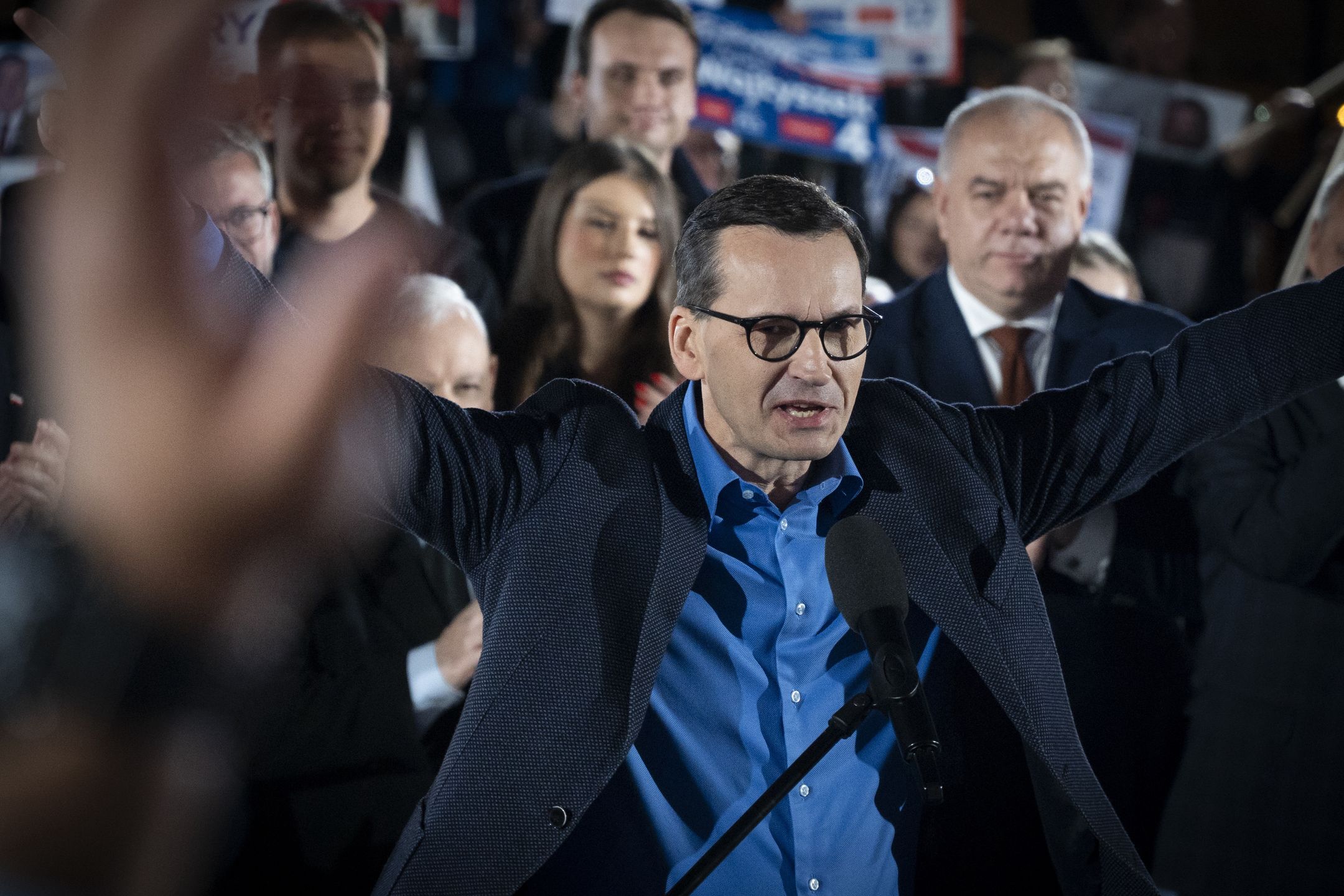 Prime Minister Mateusz Morawiecki is seen speaking during a campaign rally in Sandomierz, Poland on 13 October, 2023. (Photo by Jaap Arriens/NurPhoto via Getty Images)