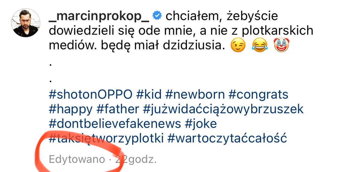 Marcin Prokop edytował post o ciąży