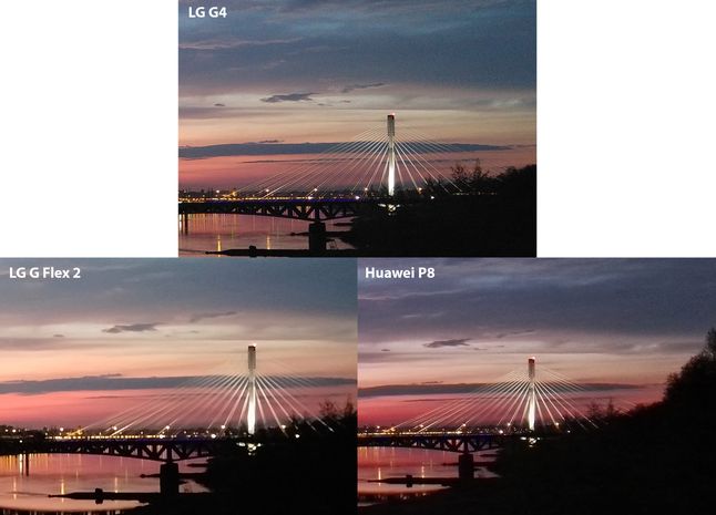 Wycinek zdjęcia mostu. Flex2 wyraźnie rozmywa zdjęcie, Huawei utrzymuje nieco więcej detali, ale najlepiej wygląda kadr z LG G4: ziarno jest widoczne, ale szczegóły i kolory są najlepiej odwzorowane.