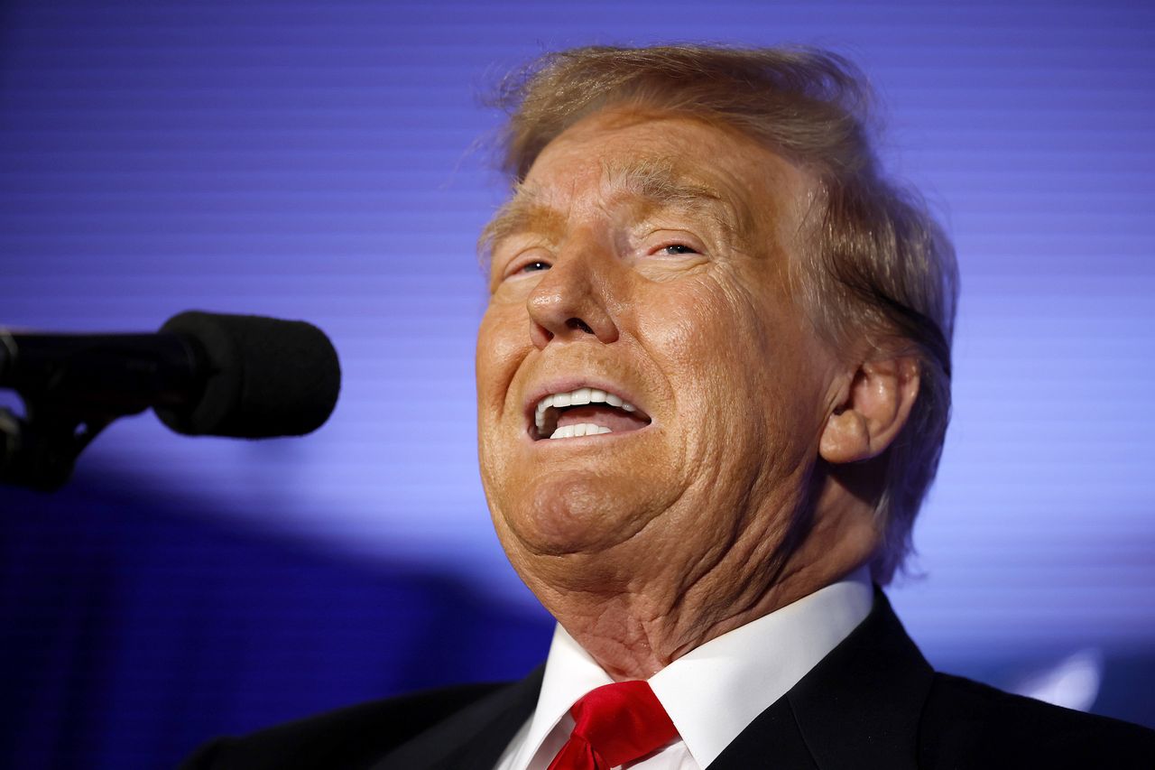PORTSMOUTH, NEW HAMPSHIRE - JANUARY 17: Former President Donald Trump speaks at a campaign rally at the Sheraton Portsmouth Harborside Hotel on January 17, 2024 in Portsmouth, New Hampshire. According to a poll conducted by Saint Anselm College and released Tuesday, Trump is at 52 percent, far ahead of fellow candidates, former UN Ambassador Nikki Haley, who is polling at 38 percent, and Florida Gov. Ron DeSantis, who is polling at 8 percent.  (Photo by Chip Somodevilla/Getty Images)
