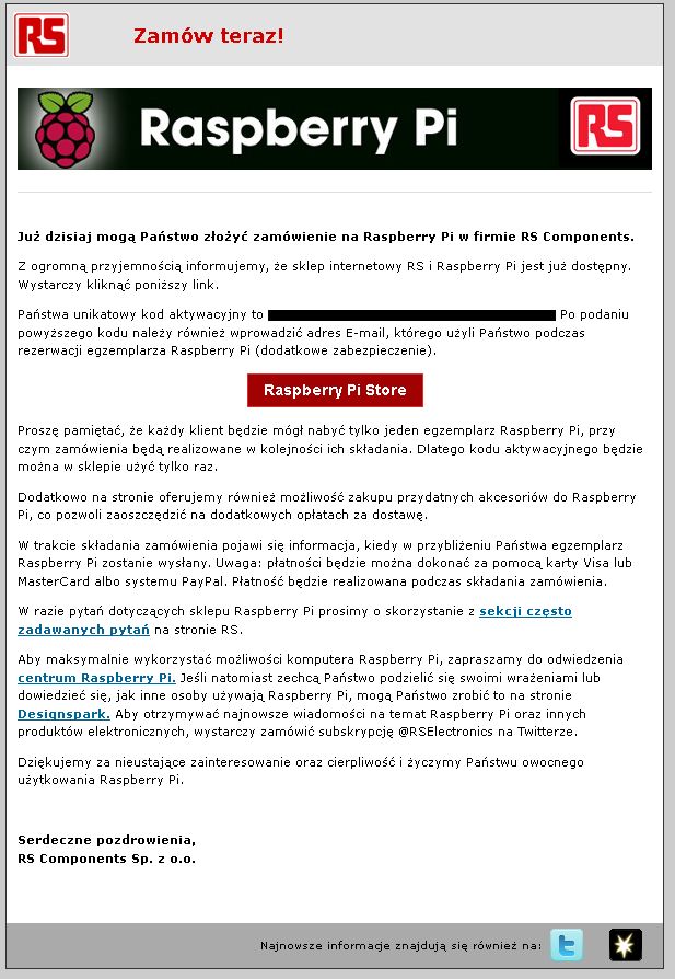informacja o możliwości zamówienia przesłana przez RS