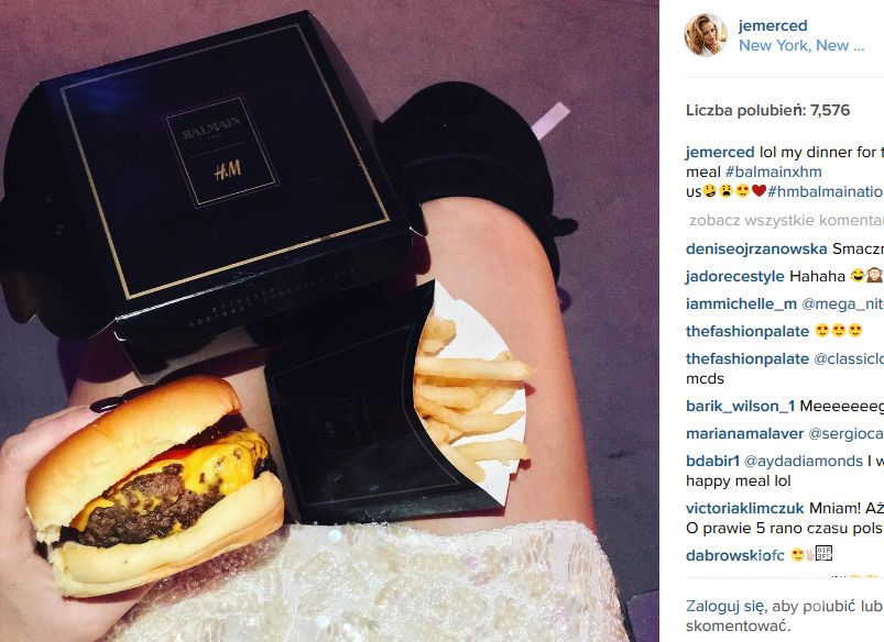 Fastfoodowy poczęstunek na afterparty pokazu Balmain x H&M (fot. Instagram / Jessica Mercedes Kirschner)