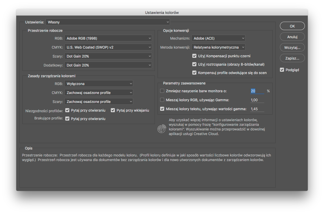 W narzędziu ustawienia kolorów rekomendujemy zaznaczenie Adobe RGB. Dzięki temu przestrzeń robocza Photoshopa będzie działać w trybie szerokiego gamutu. Standardowo, przypisana przestrzeń to sRGB.