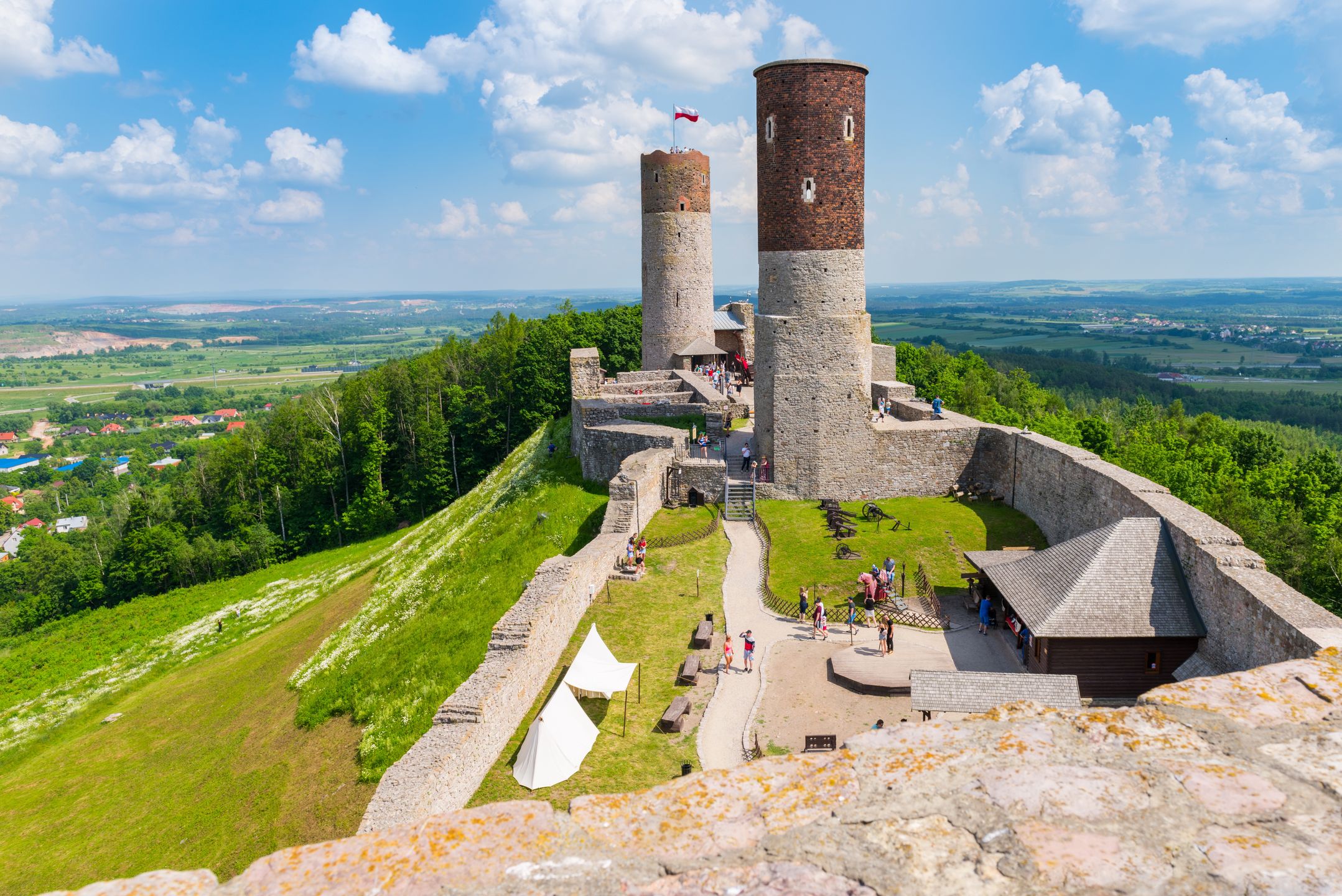 castle, checiny, poland, towers, ancient, attraction, blue, bright, building, cloud, day, europe, fortification, fortress, gothic, green, hill, historic, historical, history, jura, landmark, landscape, medieval, old, people, polish, rock, ruins, scenery, scenic, sky, stone, stronghold, summer, sunny, tourism, tourist, tower, travel, trip, view, wall