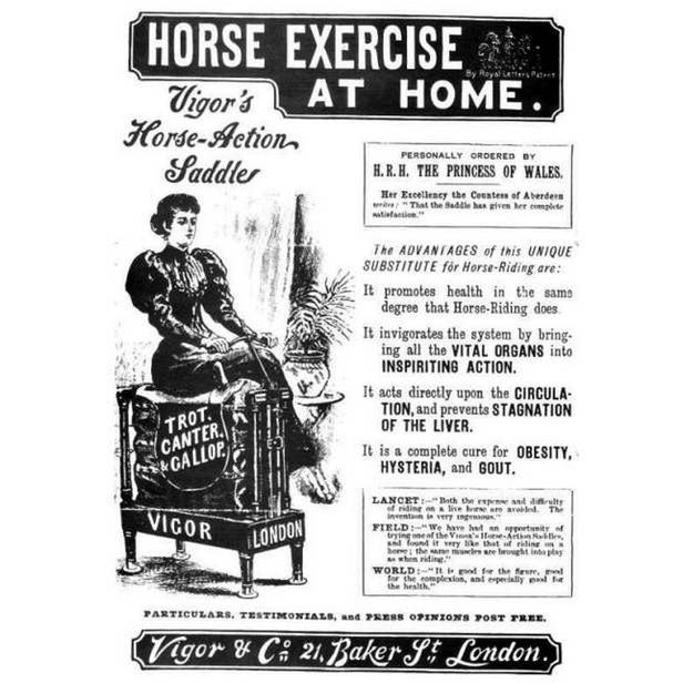 Reklama domowego symulatora jazdy konnej. Księżna Walii poleca go jako lek na histerię!