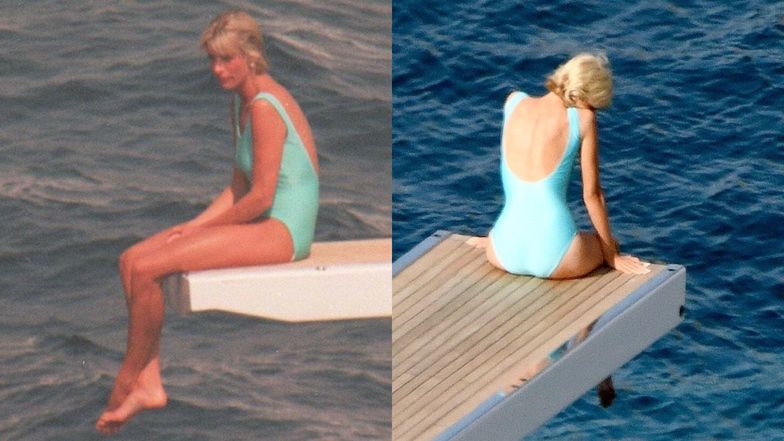 Po lewej księżna Diana na wakacjach w 1997 roku; po prawej Elizabeth Debicki na planie "The Crown"