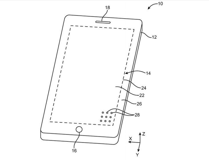 Szkic z patentu Apple'a na wyświetlacz pokryty małymi otworami