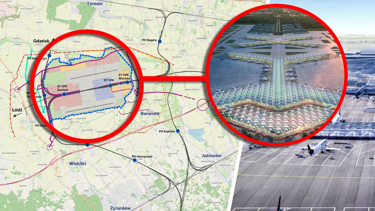 Wariant inwestorski CPK to preferowana lokalizacja wraz z układem najważniejszych elementów, tj. pasów startowych, terminala, linii kolejowych i dróg