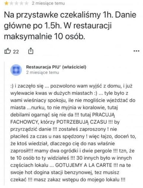 Skandaliczne komentarze "właściciela" restauracji PIU z Bielan Wrocławskich