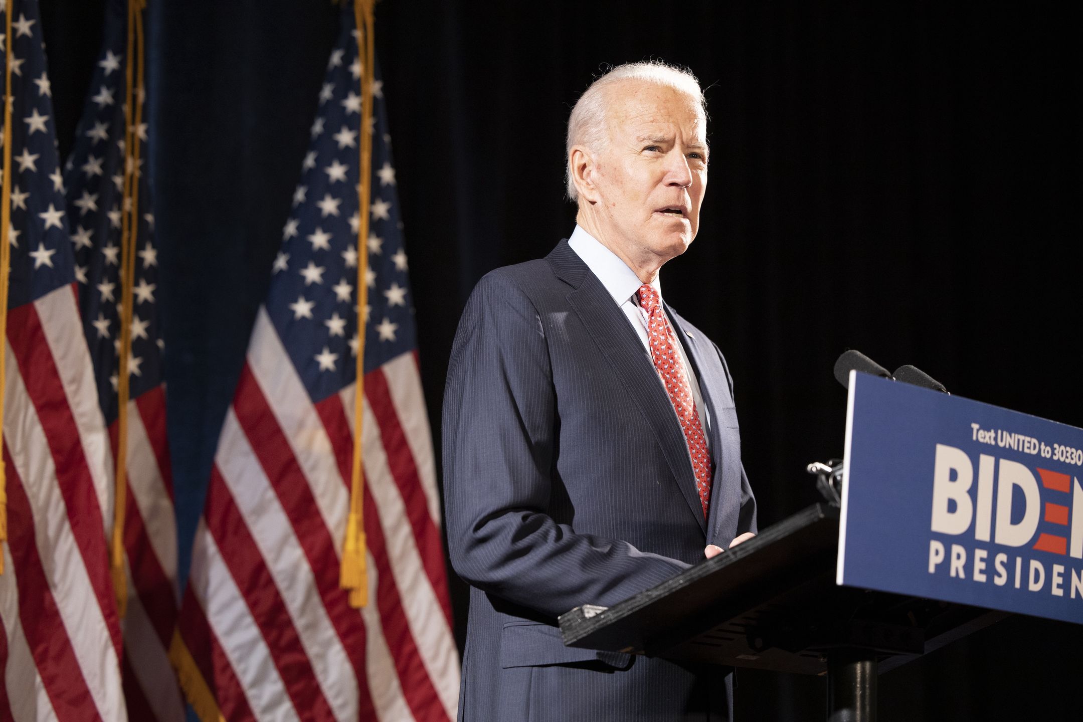 Former Vice President Joe Biden, 2020 Democratic presidential candidate, speaks during a news conference in Wilmington, Delaware, U.S., on Thursday, March 12, 2020. Biden sought to deliver an antidote to President Donald Trump's response to the coronavirus outbreak on Thursday, unveiling a new plan that shows how he would fight the spread of the virus and urging the administration to use it. Photographer: Ryan Collerd/Bloomberg via Getty Images