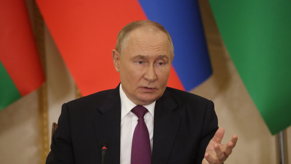 BAKU, AZERBAIJAN - AUGUST 19: (RUSSIA OUT) Russian President Vladimir Putin speaks during Russian-Azeri talks at the Zagulba State Residence, August 19, 2024, in Baku, Azerbaijan. Russian President Vladimir Putin is on a two-day official visit to Azerbaijan.  (Photo by Contributor/Getty Images)
