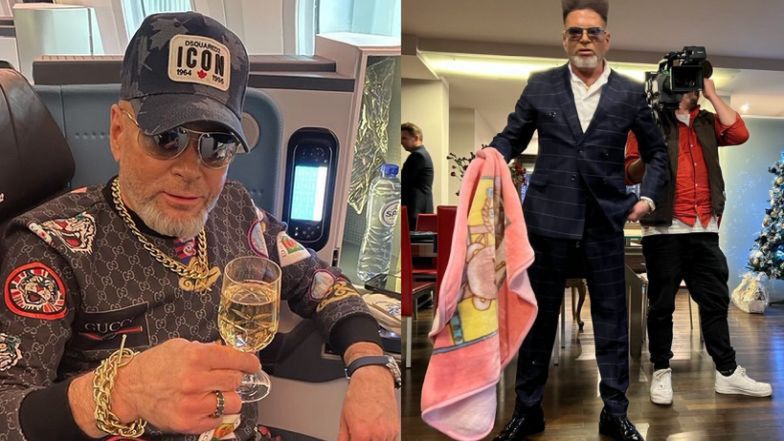 Krzysztof Rutkowski pozuje z kocykiem małej Madzi