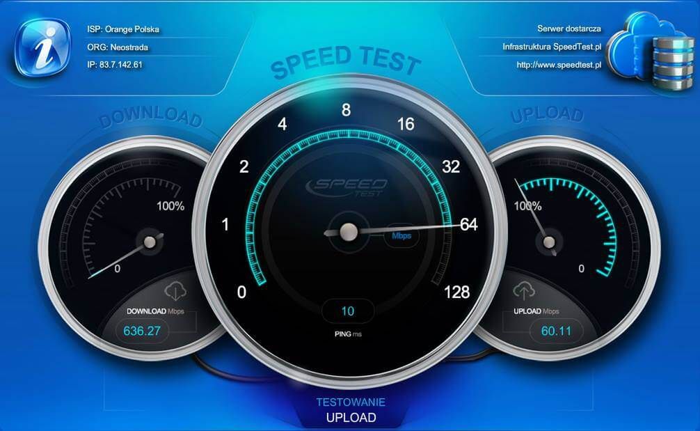 Wyniki łącza Orange Światłowód w teście Speedtest.pl (źródło: speedtest.pl)