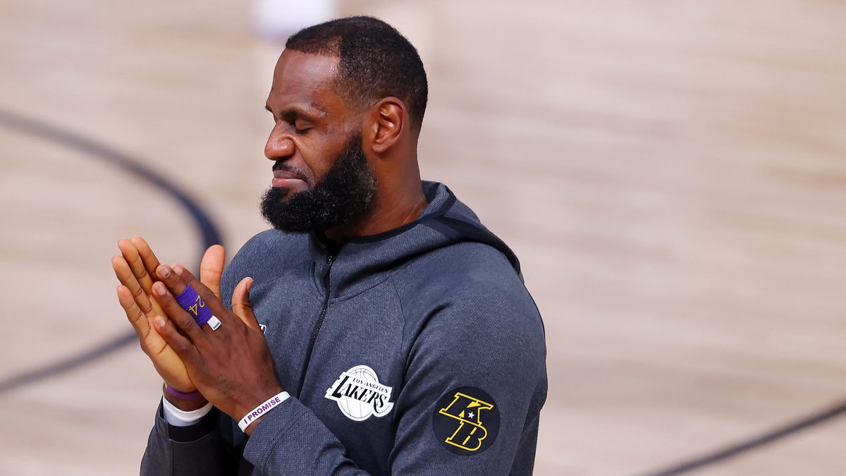 LAKE BUENA VISTA, FLORIDA - AUGUST 20: LeBron James #23 of the Los Angeles Lakers during warm-ups prior to the start of the game against the Portland Trail Blazers in Game Two of the Western Conference First Round during the 2020 NBA Playoffs at AdventHealth Arena at ESPN Wide World Of Sports Complex on August 20, 2020 in Lake Buena Vista, Florida. NOTE TO USER: User expressly acknowledges and agrees that, by downloading and or using this photograph, User is consenting to the terms and conditions of the Getty Images License Agreement. (Photo by Kevin C. Cox/Getty Images)