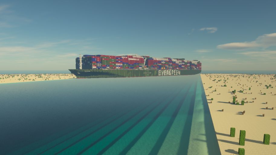 Transportowiec "Evergreen" w Kanale Sueskim - Minecraft Edition