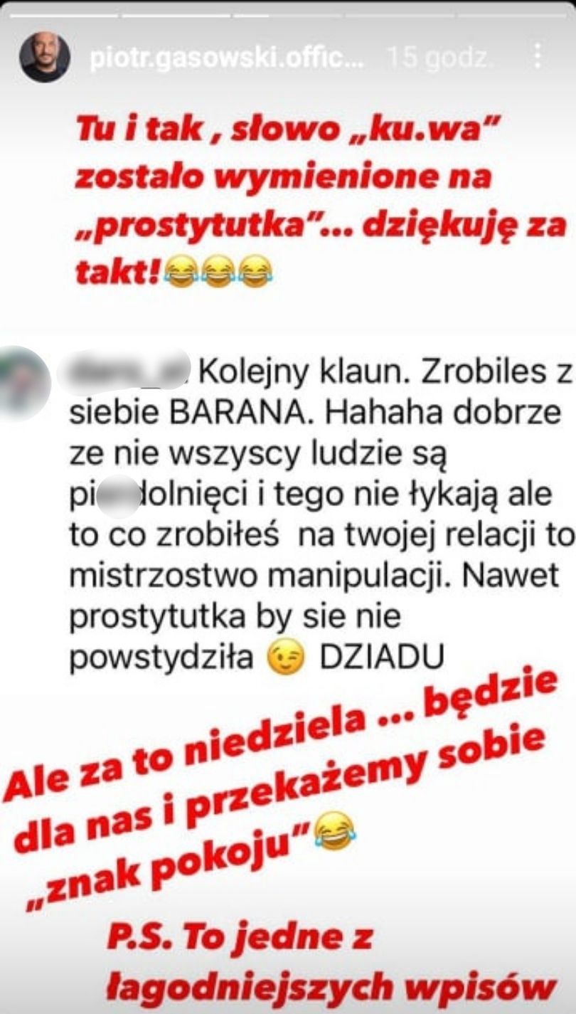 Piotr Gąsowski pokazuje kolejną porcję wiadomości od hejterów