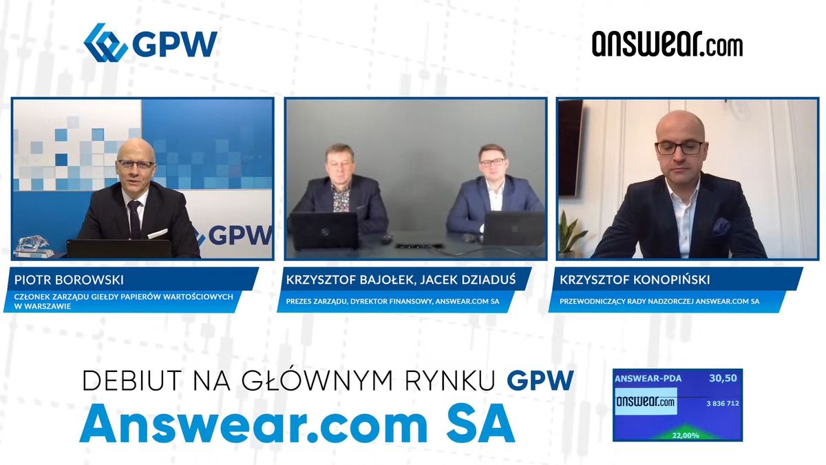 Zdalny debiut akcji spółki Answear.com na warszawskiej giełdzie.