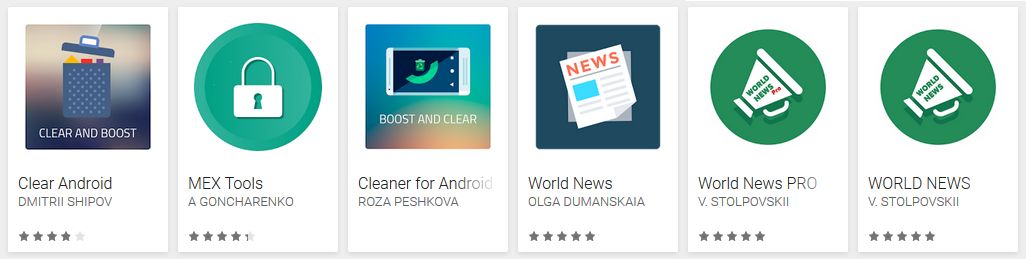 Zestaw 6 złośliwych aplikacji w Google Play.