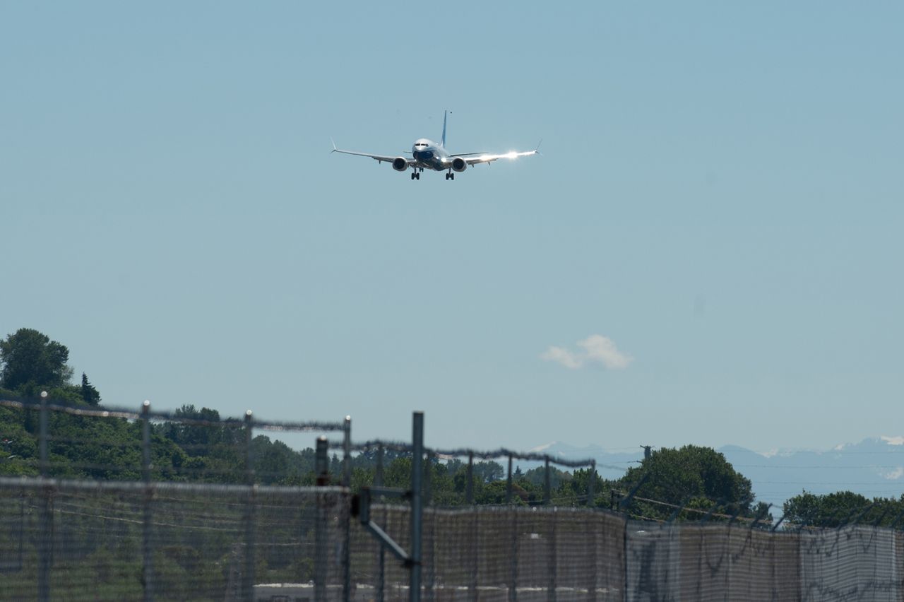 The Boeing 737 Max 10 airplane prepares to land at Boeing Field in Seattle, Washington, U.S., on Friday, June 18, 2021. Boeing Co.'s biggest 737 Max model took its initial flight on Friday morning, marking another milestone in the jet family's comeback from tragedy and a lengthy grounding. Photographer: Chona Kasinger/Bloomberg via Getty Images