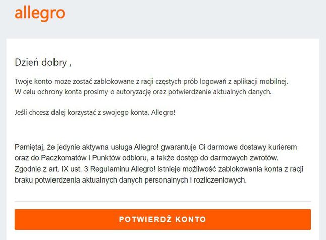 Fałszywy e-mail "od Allegro"