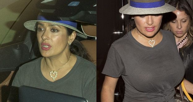 Wielki biust 50-letniej Salmy Hayek wychodzi z restauracji w Los Angeles (ZDJĘCIA)