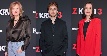 Aktorzy serialu "Krew z krwi" promują nowy sezon: Agata Kulesza w czerwonym garniturze, Izabela Kuna, Maciej Musiał