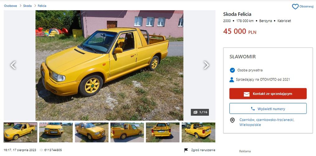 Link do ogłoszenia https://www.otomoto.pl/osobowe/oferta/skoda-felicia-felicja-fun-pick-up-nietuzinkowy-1-6b-ID6FKEjb.html