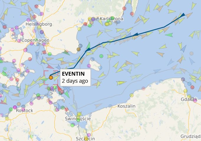 Ostatnia zarejestrowana trasa statku w serwisie Vesselfinder