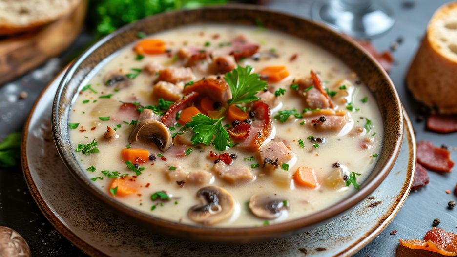 Polish white borscht with vegetables, smoked sausage, dried mushrooms and bacon close-up in a plate on the table
menu, lunch, recipe, root, rustic, vegetable, bread, cooked, homemade, onion, parsley, plate, polish, potato, rye, snack, soup, sour, white, bacon, boiled, bowl, dish, eating, gourmet, healthy, horseradish, meal, mushroom, sausage, tasty, appetizer, background, borscht, closeup, cuisine, delicious, dinner, fermented, food, fresh, sourdough, top, view, wooden, barszcz, chanterelles, zalewajka, zur, zurek, menu, lunch, recipe, root, rustic, vegetable, bread, cooked, homemade, onion, parsley, plate, polish, potato, rye, snack, soup, sour, white, bacon, boiled, bowl, dish, eating, gourmet, healthy, horseradish, meal, mushroom, sausage, tasty, appetizer, background, borscht, closeup, cuisine, delicious, dinner, fermented, food, fresh, sourdough, top, view, wooden, barszcz, chanterelles, zalewajka, zur