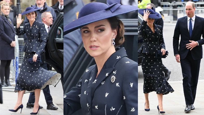 Księżna Kate walczy z wiatrem pod Opactwem Westminsterskim. Mało brakowało a dmuchawa skradłaby jej kapelusz... (FOTO)