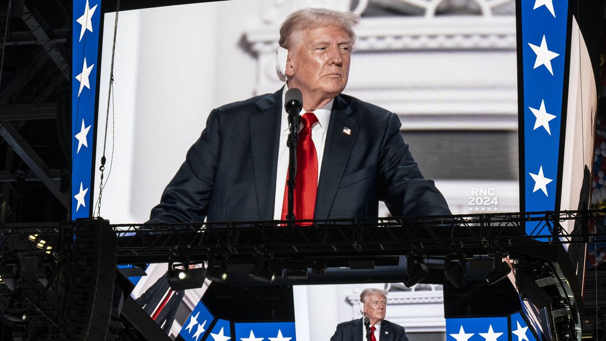 MILWAUKEE, WI - JULY 18: Donald Trump makes his speaks at the Fiserv Forum on the last day of the RNC in downtown Milwaukee on July 18th, 2024. (Photo by Sara Stathas for the Washington Post)