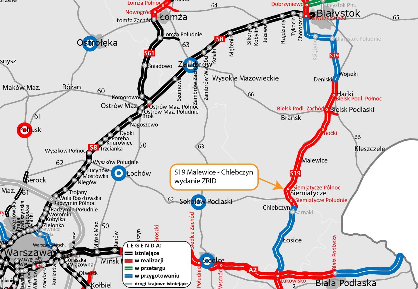 S19 na Podlasiu - mapa realizacji