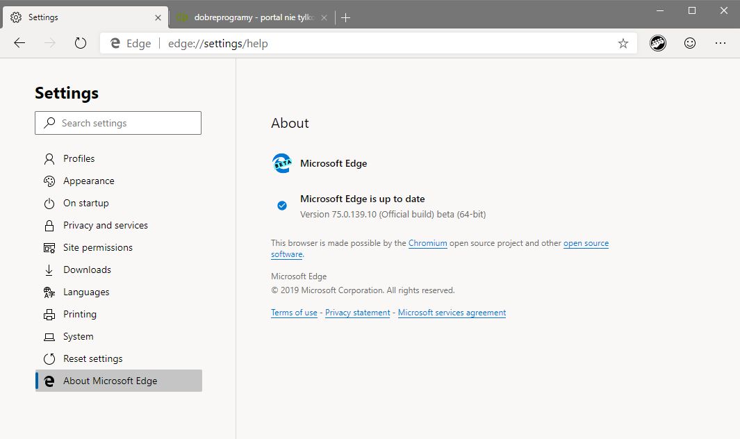 Microsoft Edge z Chromium w wersji Beta.